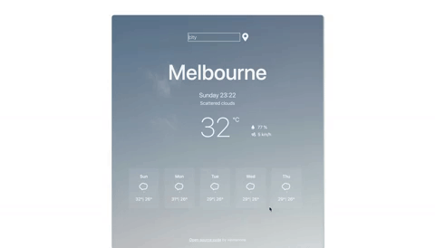 Weather application developed by Valentina, displaying real-time worldwide weather information. It shows HTML, CSS, Javascript knowledge and API intergation skills.
            